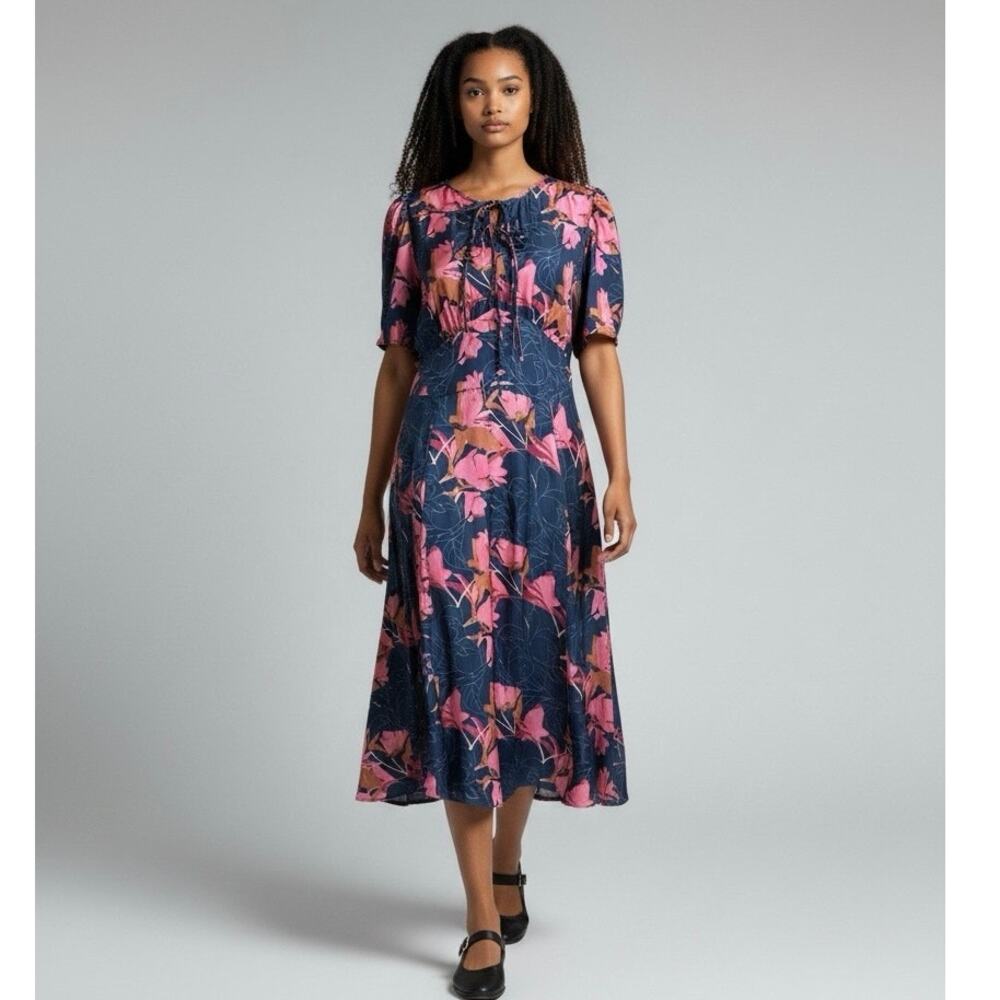 Bohme Floral Satin Puff Sleeve Midi Dress Tie Neck Bohemian Size XL Feminine